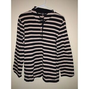 ANNE KLEIN SPORT Striped Long Sleeve Henley Shirt Womens XL Black Tan